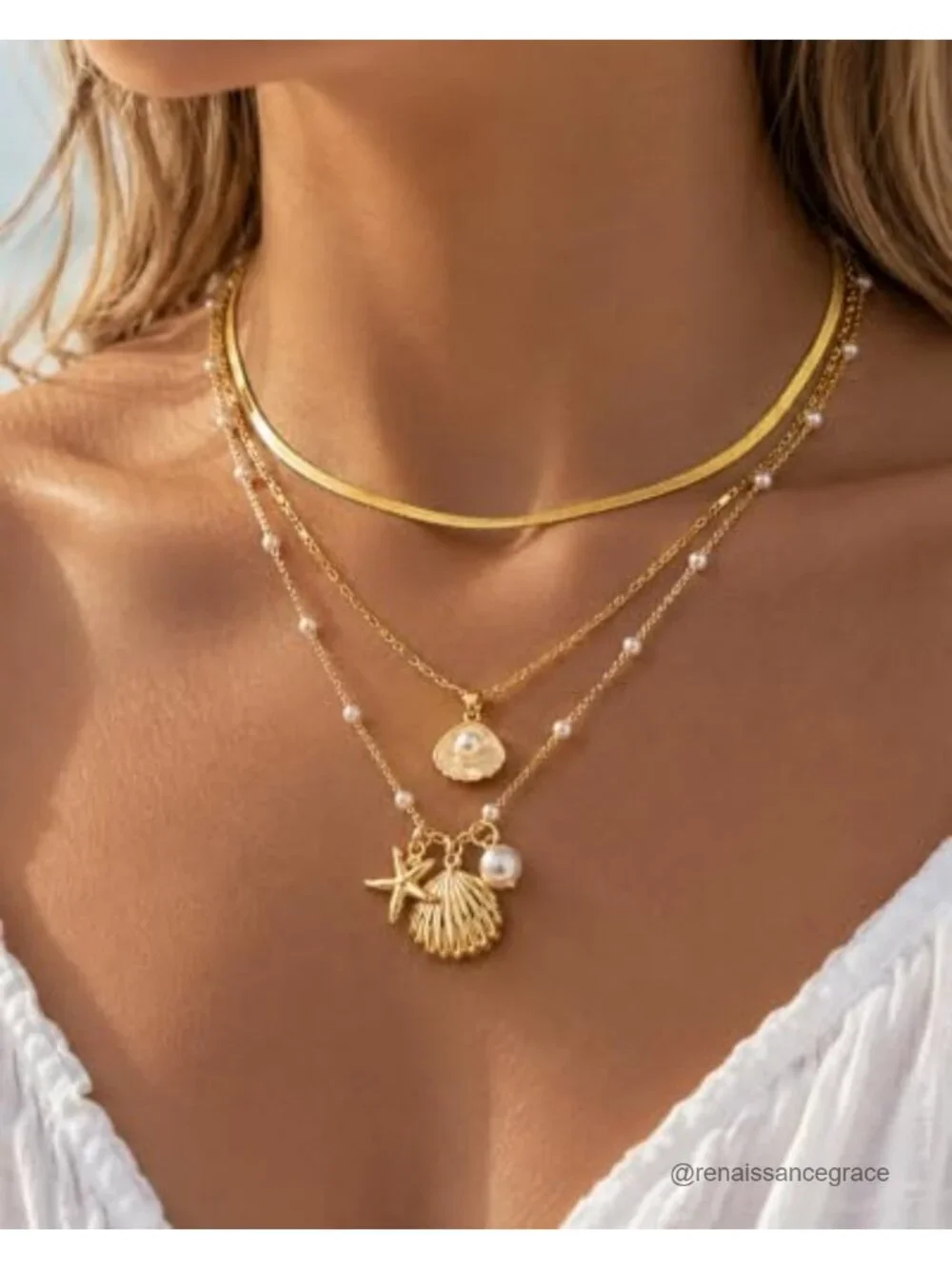 3-Piece Layered Pearl Seashell Starfish Necklace Set 14K Gold Plated